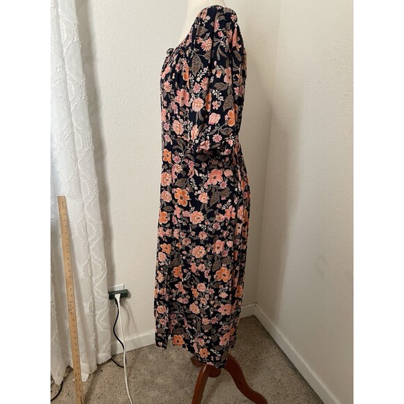 Old Navy Women’s Large Black Floral Midi Dress Square Neck Puff Sleeve Leg Slit - Picture 4 of 12